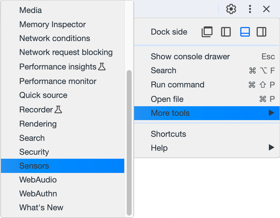 Options menu > More Tools > Sensors
